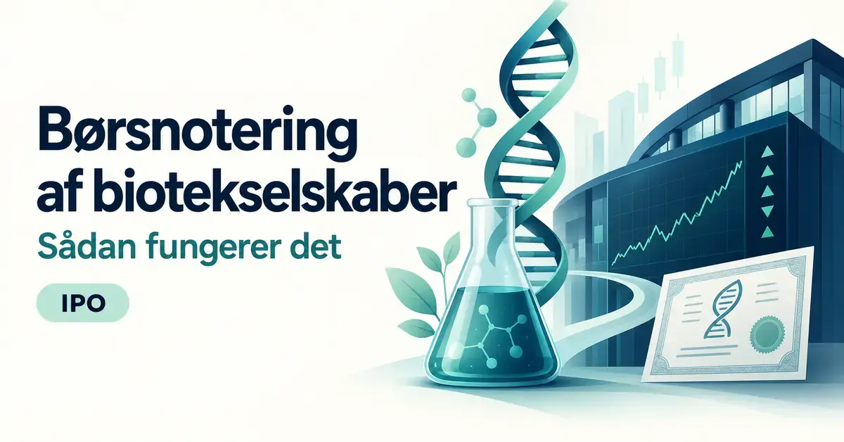 Illustration af en DNA-spiral, en laboratoriekolbe og en børsskærm med et aktiebevis, der symboliserer børsnotering af biotekselskaber.