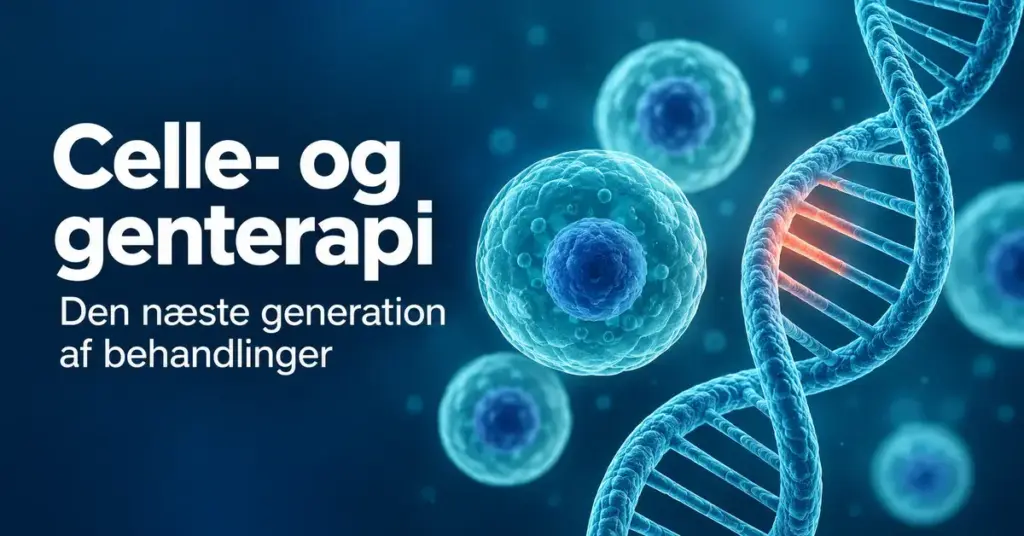 Illustration af turkise celler og en DNA-dobbeltspiral med et fremhævet område ved siden af teksten »Celle- og genterapi – Den næste generation af behandlinger«.