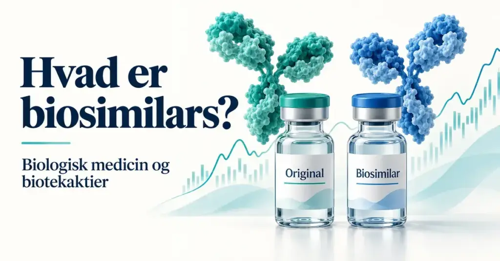Illustration af et originalt biologisk lægemiddel og en biosimilar med lignende antistofstrukturer og en aktiegraf i baggrunden.