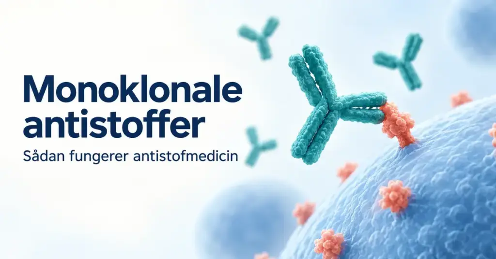 Illustration af Y-formede monoklonale antistoffer, hvor et antistof binder sig til et antigen på en celles overflade.