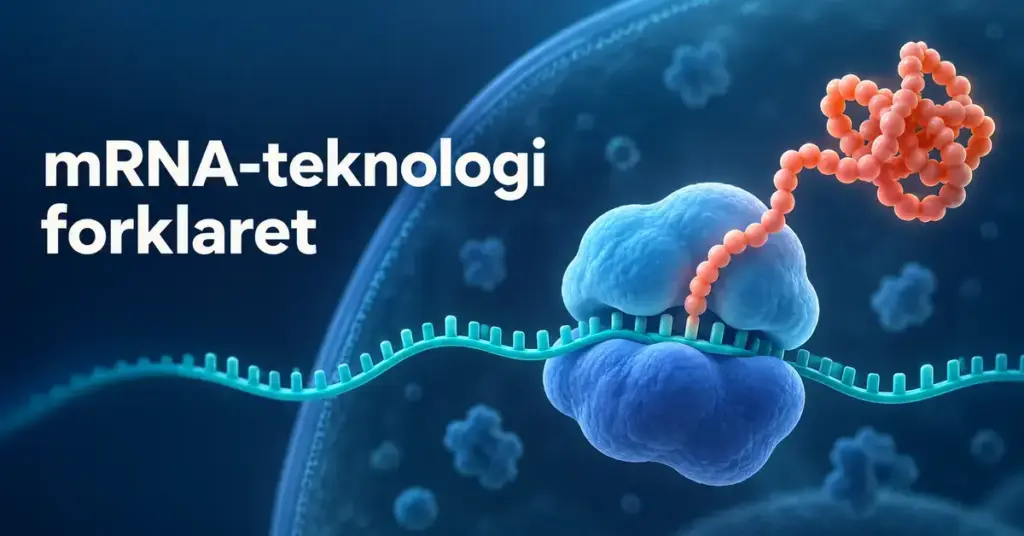Illustration af en mRNA-streng, der aflæses af et ribosom og bruges til at danne et protein, med teksten »mRNA-teknologi forklaret«.