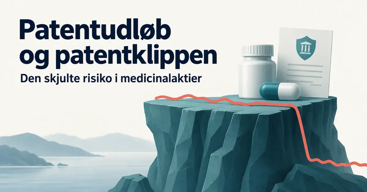 En medicinflaske, en kapsel og et patentdokument står på en klippe, mens en rød kurve falder stejlt og illustrerer omsætningsfaldet ved patentudløb.