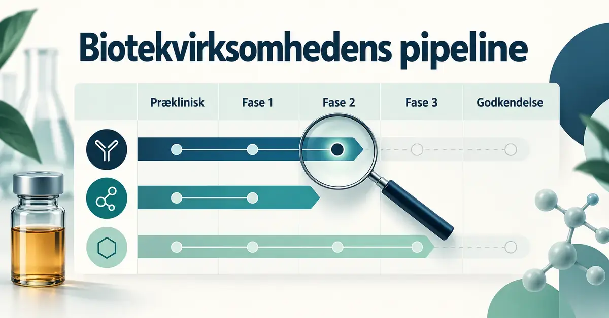 Illustration af en biotekvirksomheds pipeline med tre lægemiddelkandidater på forskellige udviklingstrin fra præklinisk forskning til godkendelse og et forstørrelsesglas over fase 2.