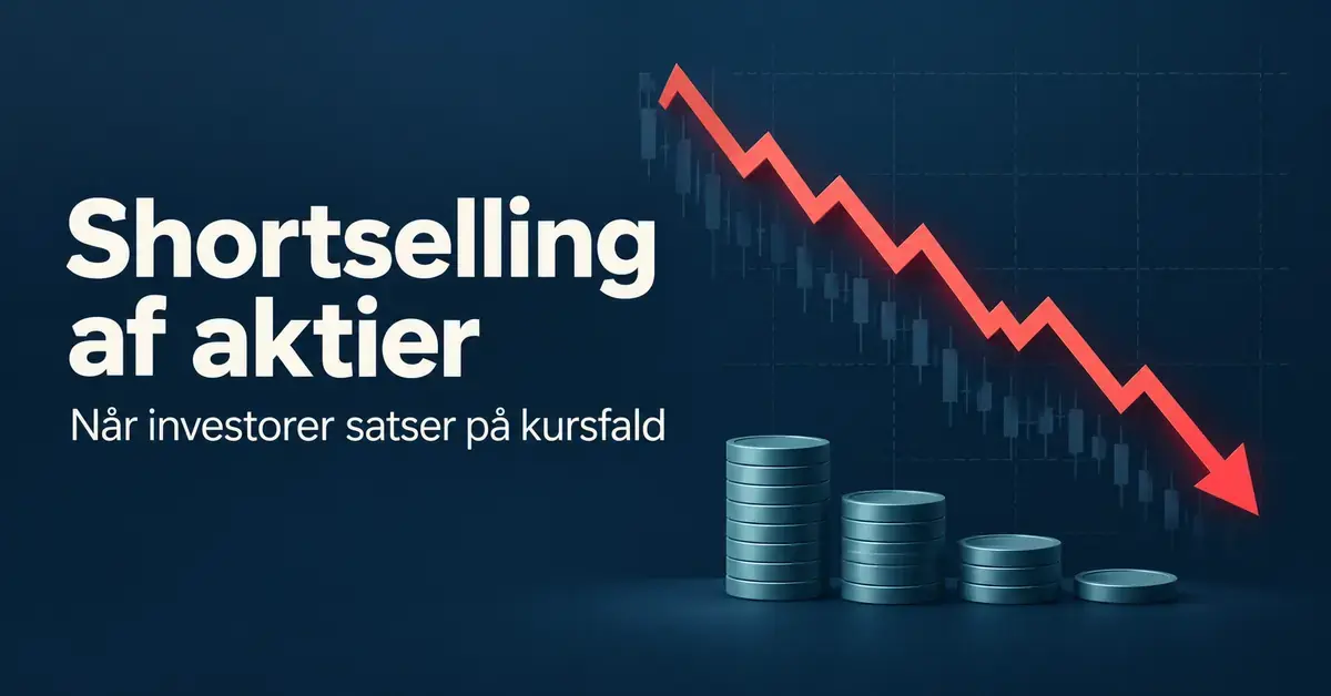 Grafik om shortselling af aktier med en rød, faldende kurskurve og møntstabler på en mørkeblå baggrund.